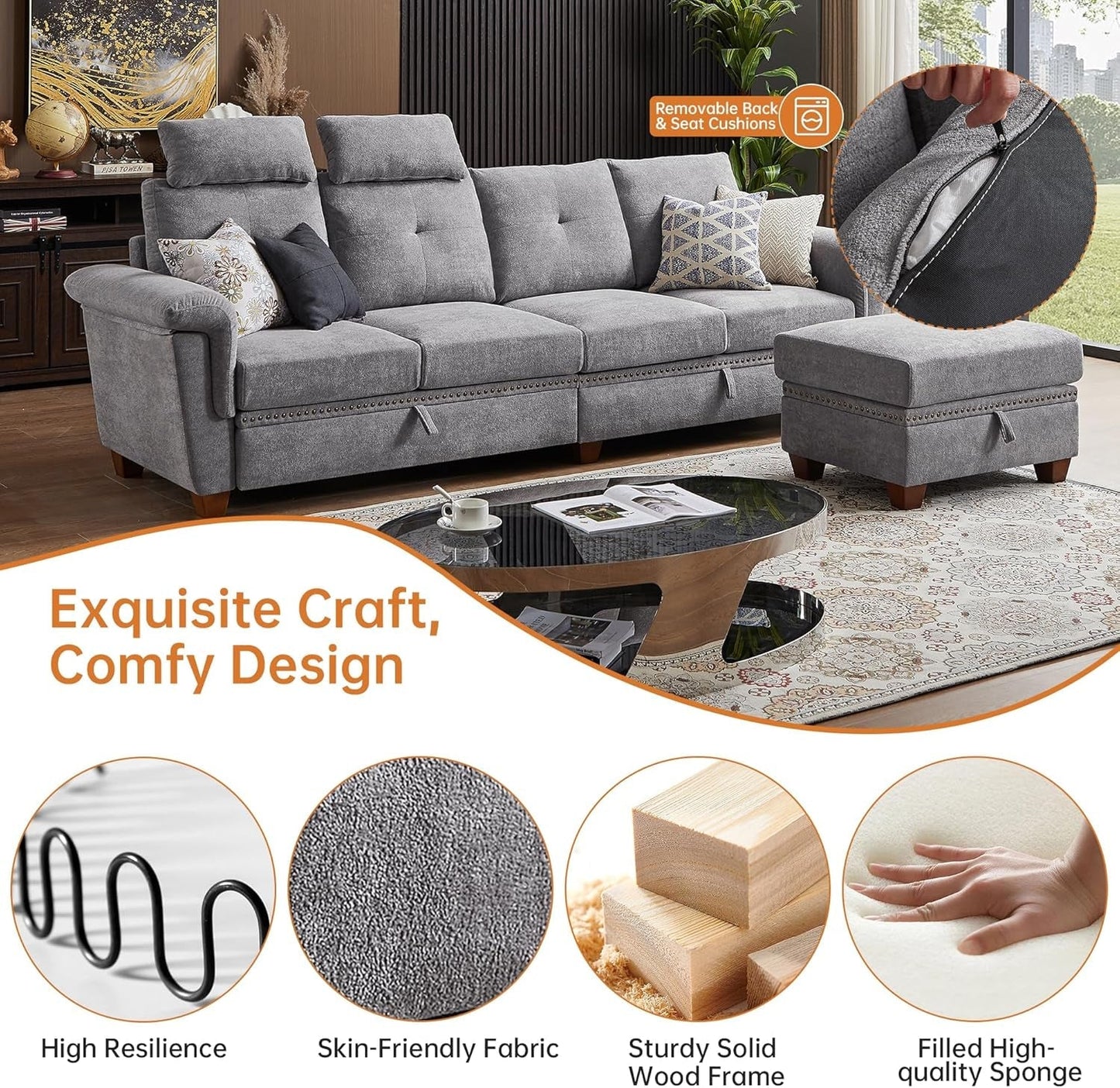 Light Grey Microfiber Sectional Sofa with Storage-2