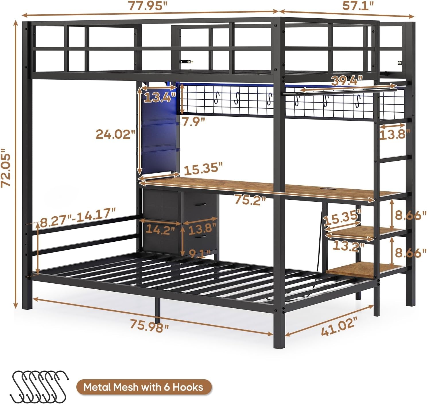 Full over Twin Bunk Bed with Desk and Charging Station Metal Full Size over Twin Loft Bed with Led Lights & Storage Shelves and Drawers for Teen,Safety Guard & Stairs,No Box Spring Needed,Black-2