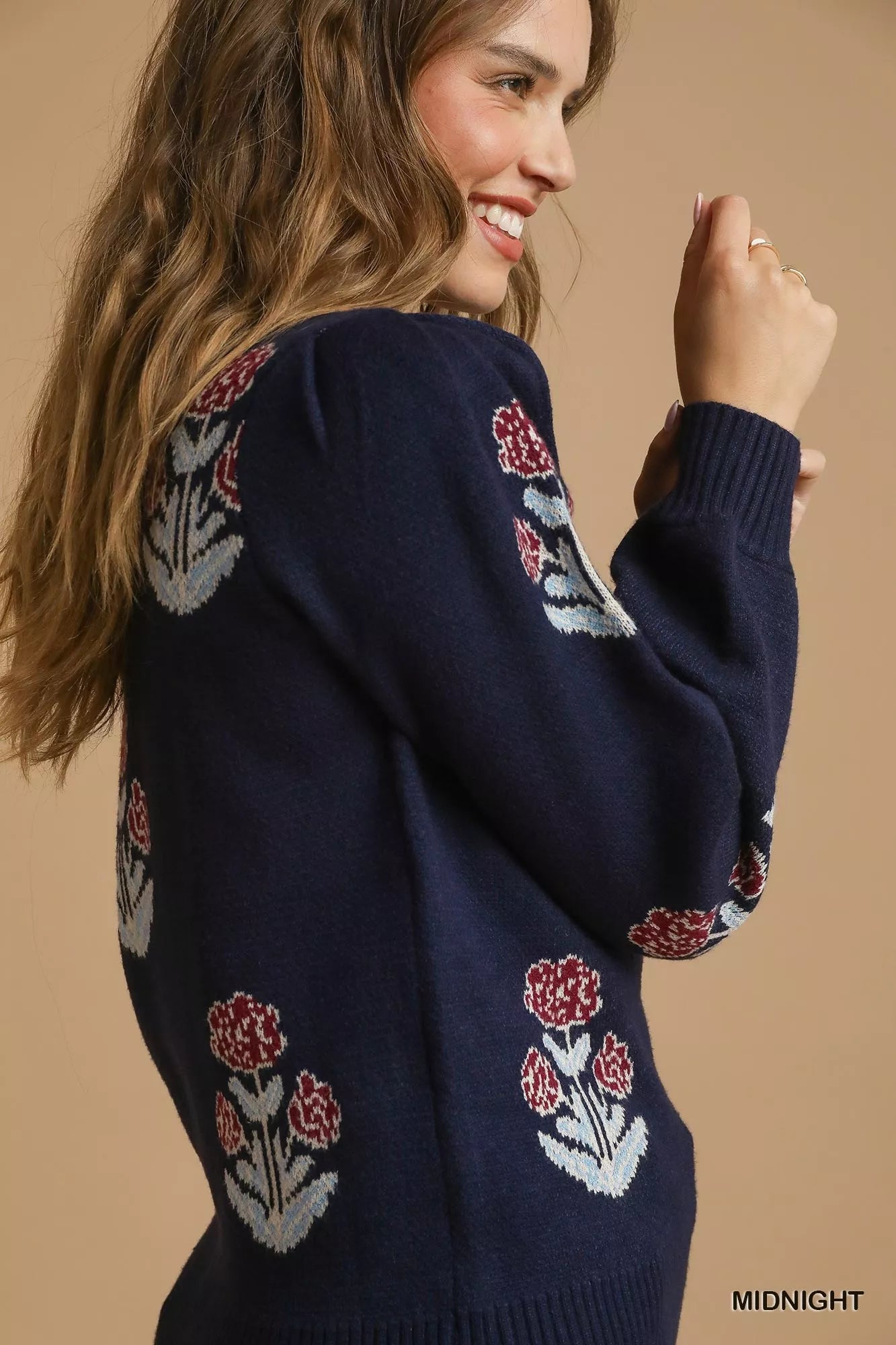 Umgee Floral Knit Sweater with Puff Sleeves