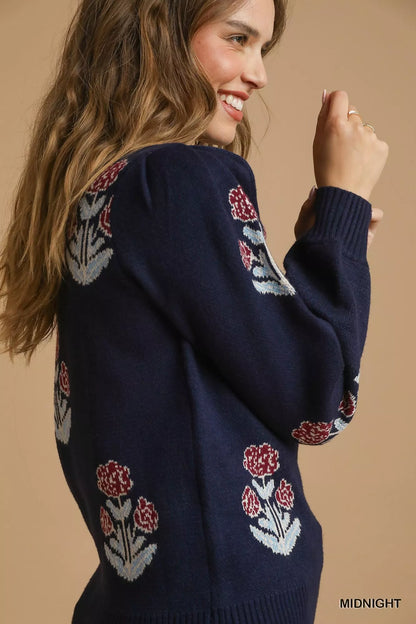 Umgee Floral Knit Sweater with Puff Sleeves