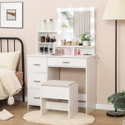 White Vanity Desk with Lighted Mirror and Charging Station-2