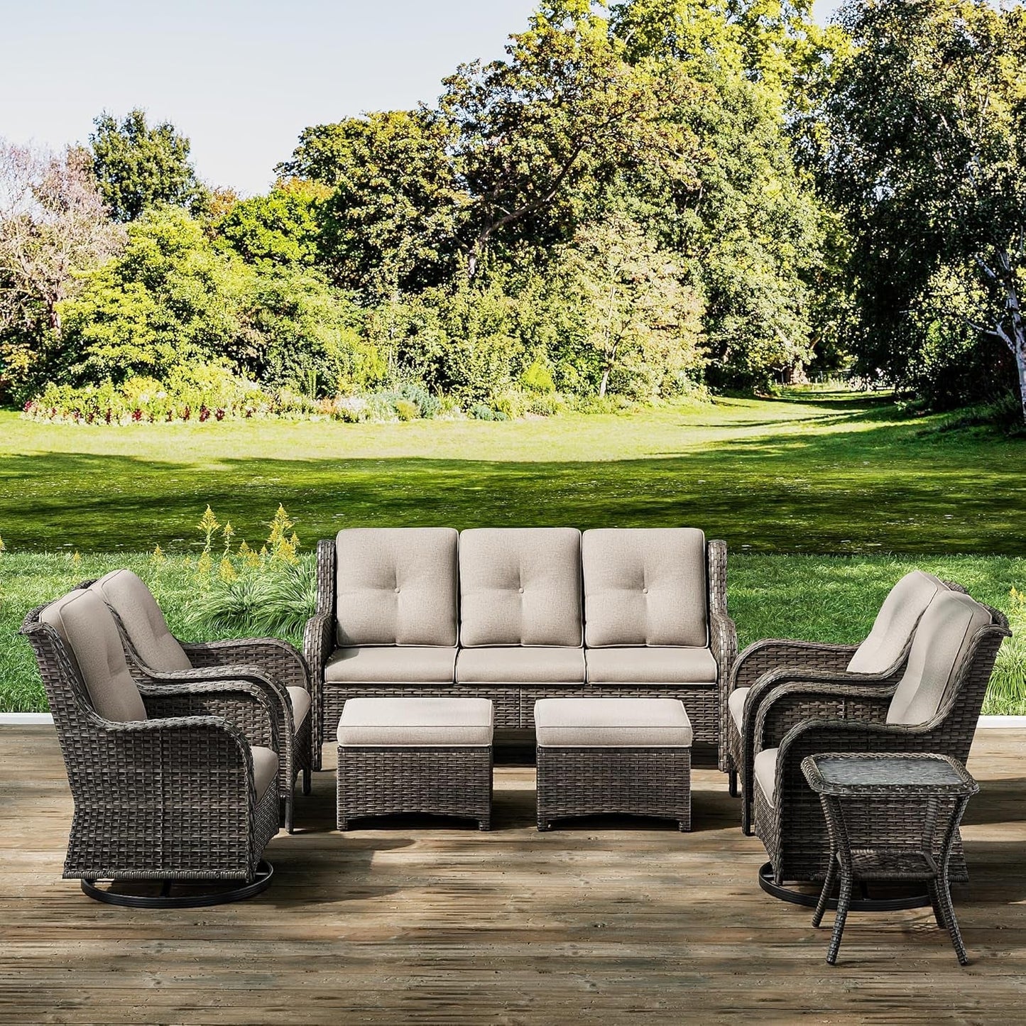 Wicker Patio Furniture Sets 8 Piece Set with 3-Seat Sofa, 2 Swivel Rocking Armchairs, 2 Armchairs, 2 Ottoman and 1 Side Table Wicker Outdoor Furniture Sectional Conversation Set, Beige-0