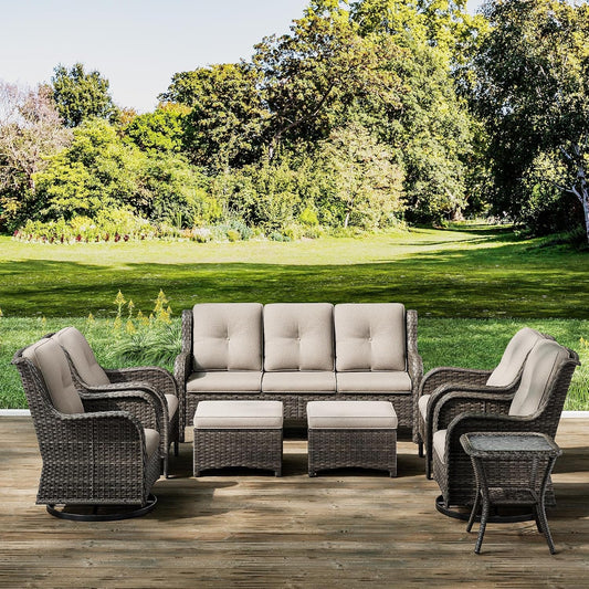 Wicker Patio Furniture Sets 8 Piece Set with 3-Seat Sofa, 2 Swivel Rocking Armchairs, 2 Armchairs, 2 Ottoman and 1 Side Table Wicker Outdoor Furniture Sectional Conversation Set, Beige-0