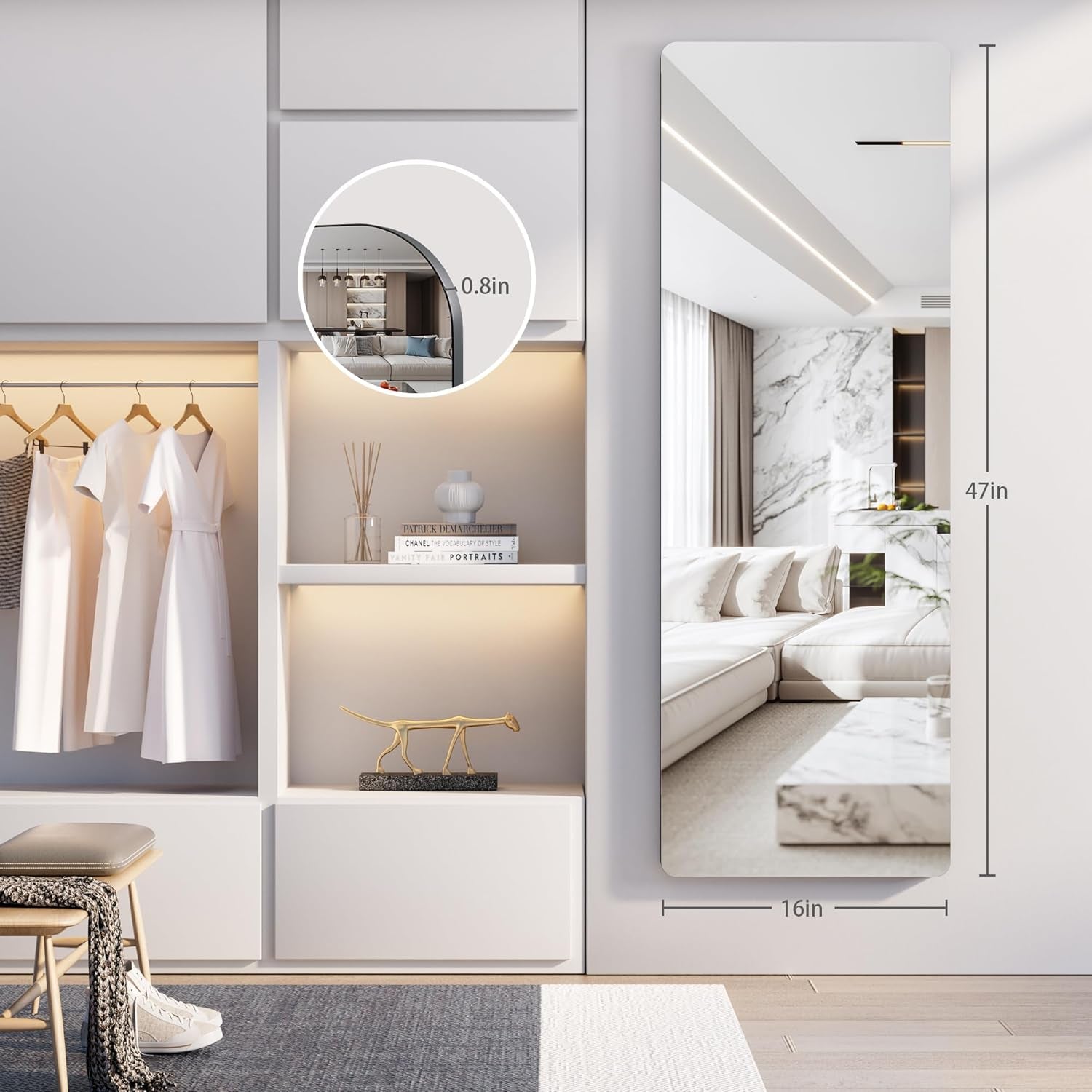 Door Mirror Full Length, 47"X 16" Full Body over the Door Hanging Wall Mounted Mirror for Bedroom, Living Room, Cloakroom, round Black-1