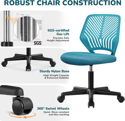 Students Cute Desk Chair Low-Back Armless Study Chair W/Lumbar Support Adjustable Swivel Chair in Home Bedroom School, Turquoise-4