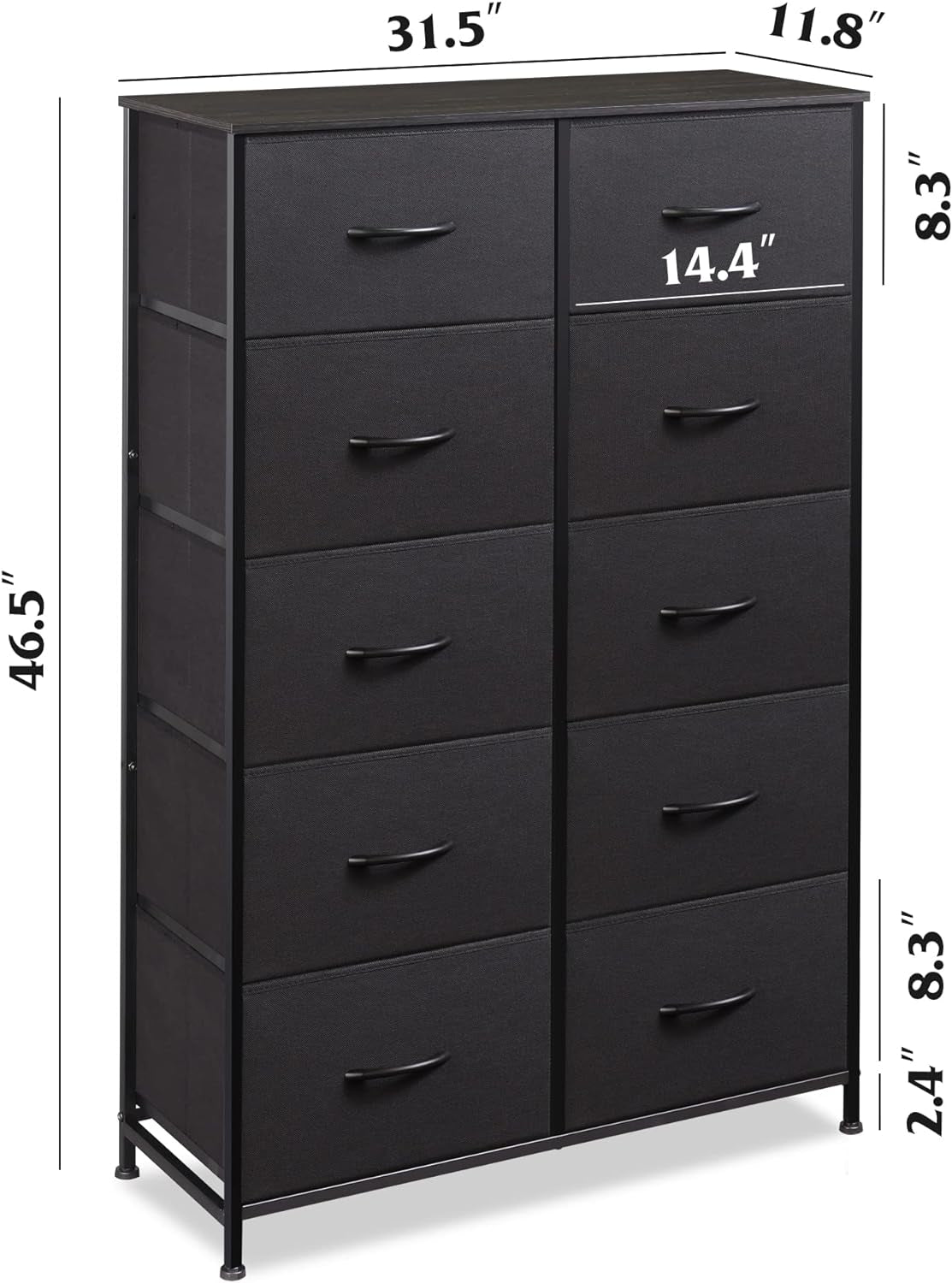 Tall Black Dresser for Bedroom with 10 Drawers, Chest of Drawers, Dressers Bedroom Furniture, Storage Organizer Unit with Fabric Bins for Closet, Hallway, Living Room, Entryway-2