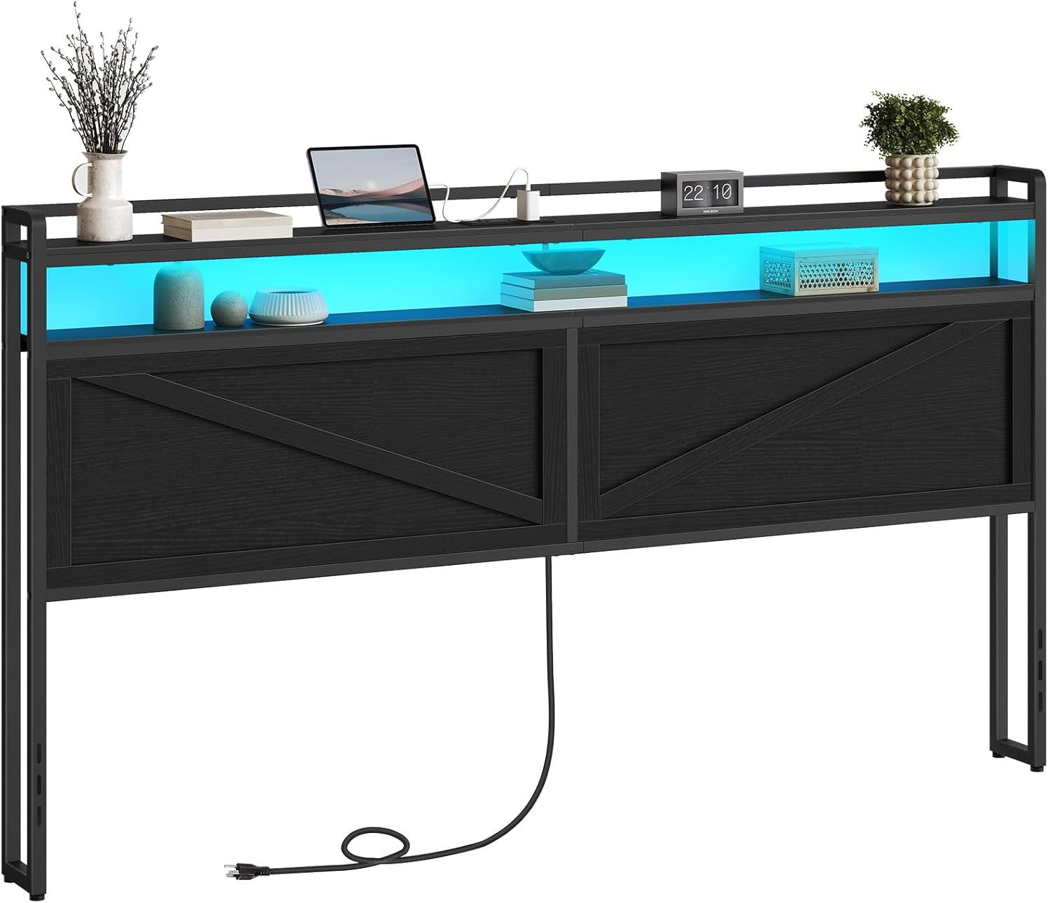 King Size Headboard with Charging Station and LED Lights-0