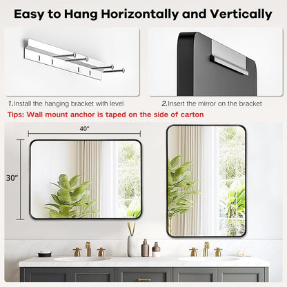 Black Mirror for Bathroom Wall - 40X30 Inch Large Reactangular Metal Framed Mirror over Sink, Matte Frame Big Rectangle Mirror Vanity for Restroom, Entryway, Living Room, Fireplace-3