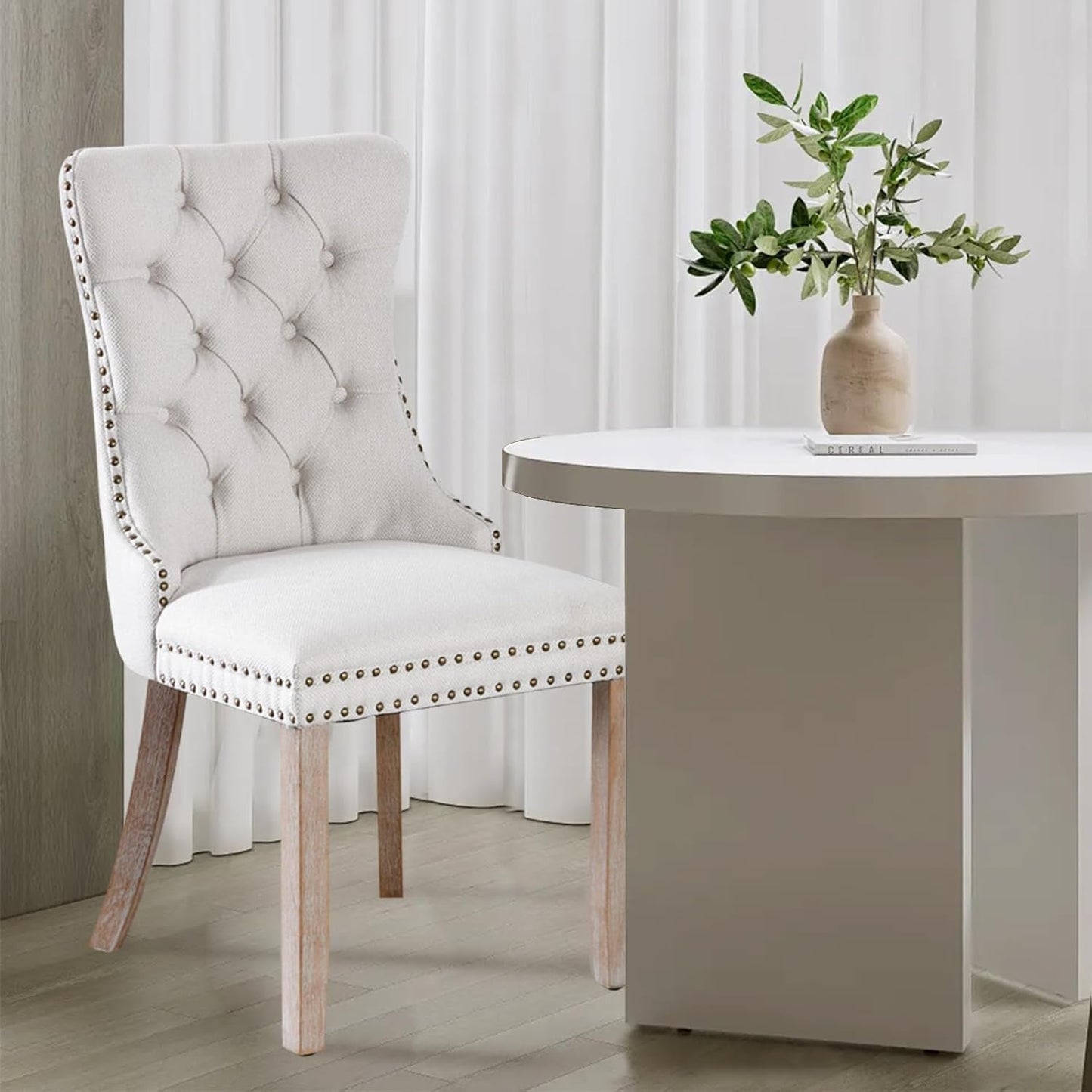 Linen Upholstered Dining Chairs Set of 4, Modern Style Kitchen Side Chairs with Nailhead Trim and Wood Leg, Metal Pulling Ring for Dining Room Living Room(Beige,Set of 4)-3