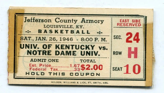 Vintage Kentucky Wildcats basketball ticket stub featuring Notre Dame and Adolph Rupp