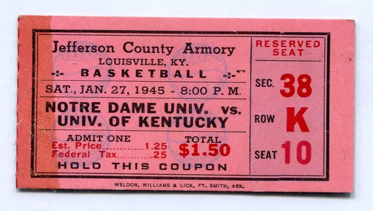 Vintage Kentucky Wildcats basketball ticket stub against Notre Dame from 1945