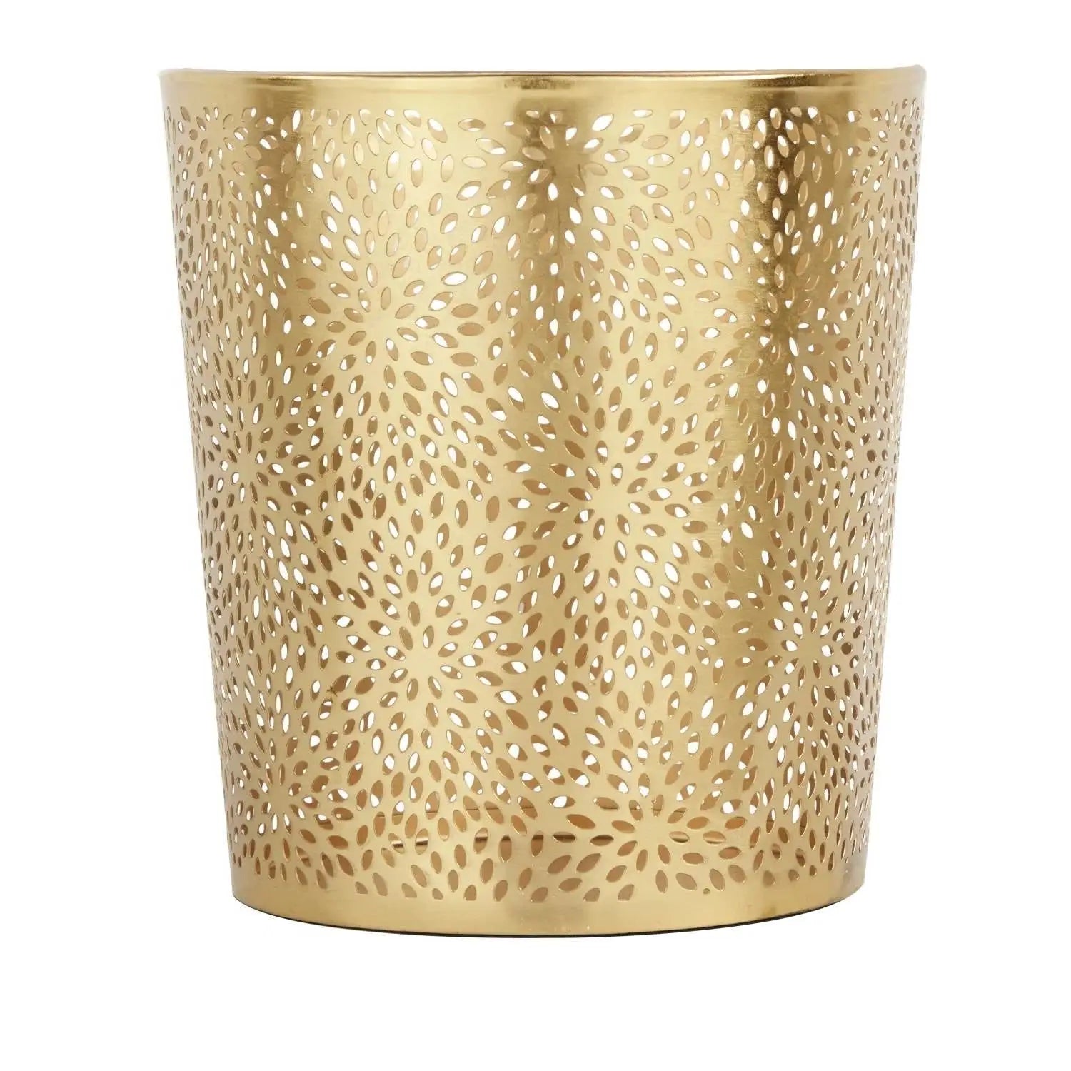 Gold metallic waste basket with floral cutouts, 1.3 gallon round perforated copper design