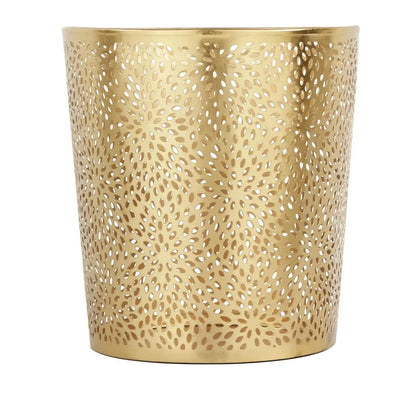 Gold metallic waste basket with floral cutouts, 1.3 gallon round perforated copper design