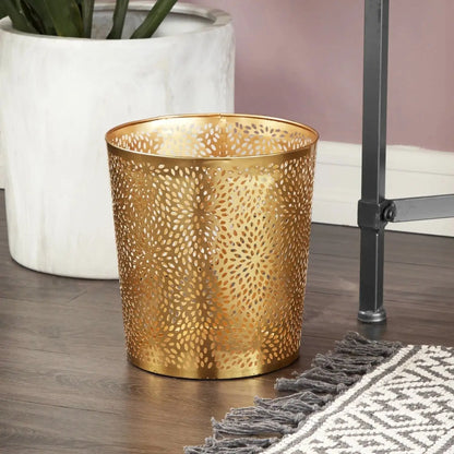 Gold textured waste basket with intricate pattern, 1.3-gallon round perforated copper finish