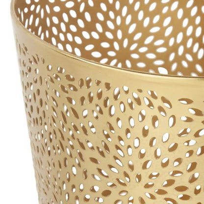 Gold perforated metal waste basket with intricate leaf pattern design, 1.3 gallon round perforated copper style