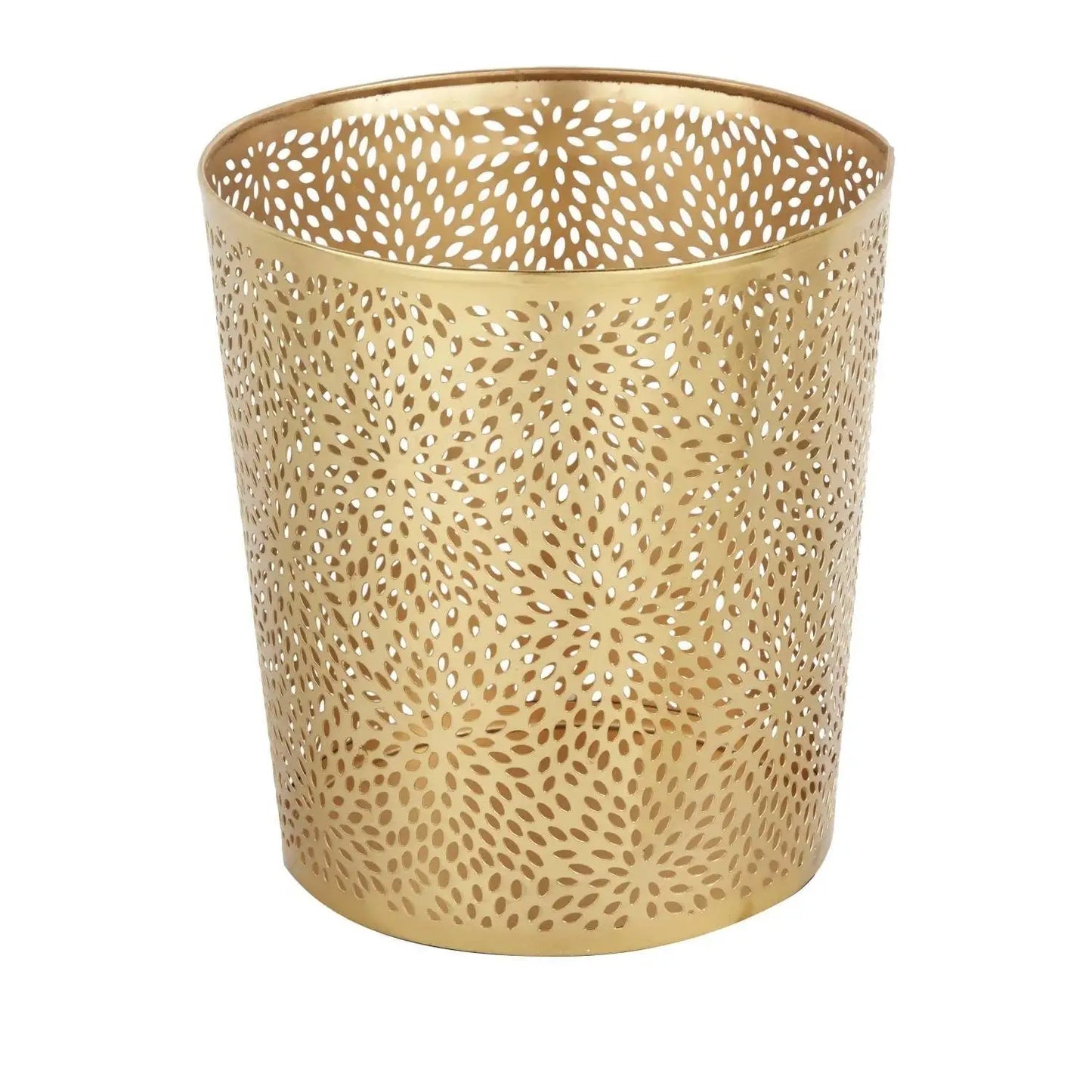 Gold metallic waste basket with intricate leaf pattern, 1.3 gallon round perforated copper trash can