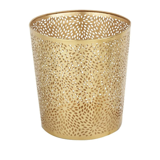 Gold metallic waste basket with intricate leaf pattern, 1.3 gallon round perforated copper trash can
