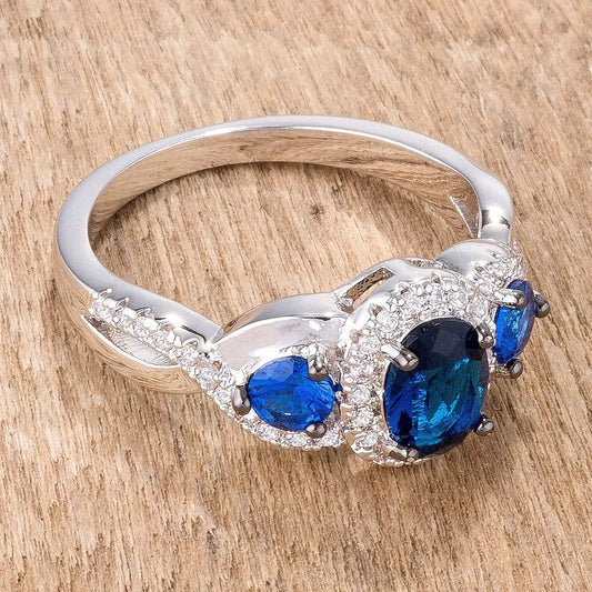 1.43Ct Rhodium & Hematite Plated Sapphire Blue & Clear CZ Three Stone Twisted Ring - Rings