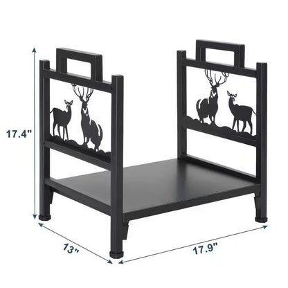 Black metal firewood log rack with deer design, 17.4 inches tall and 13 inches wide