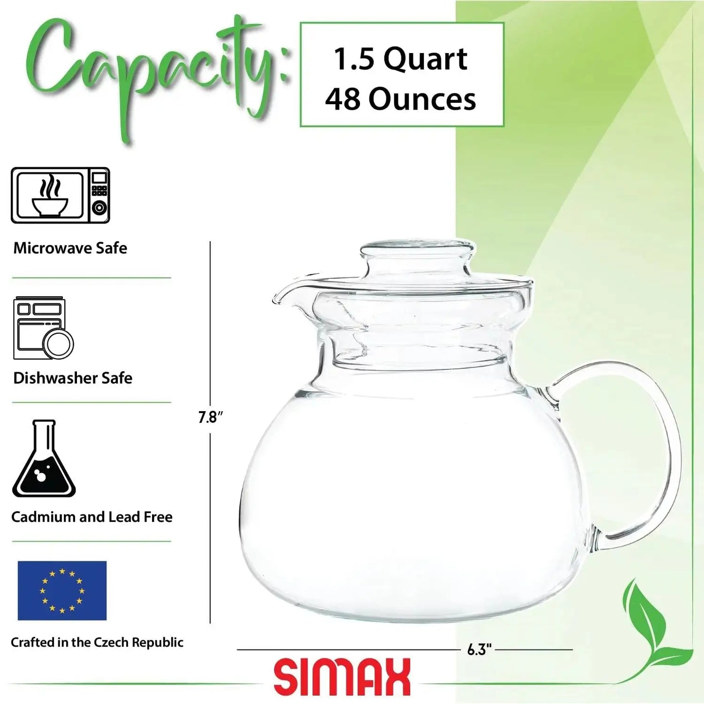 Glass teapot 1.5 quart with lid, microwave and dishwasher safe, crafted in Czech Republic
