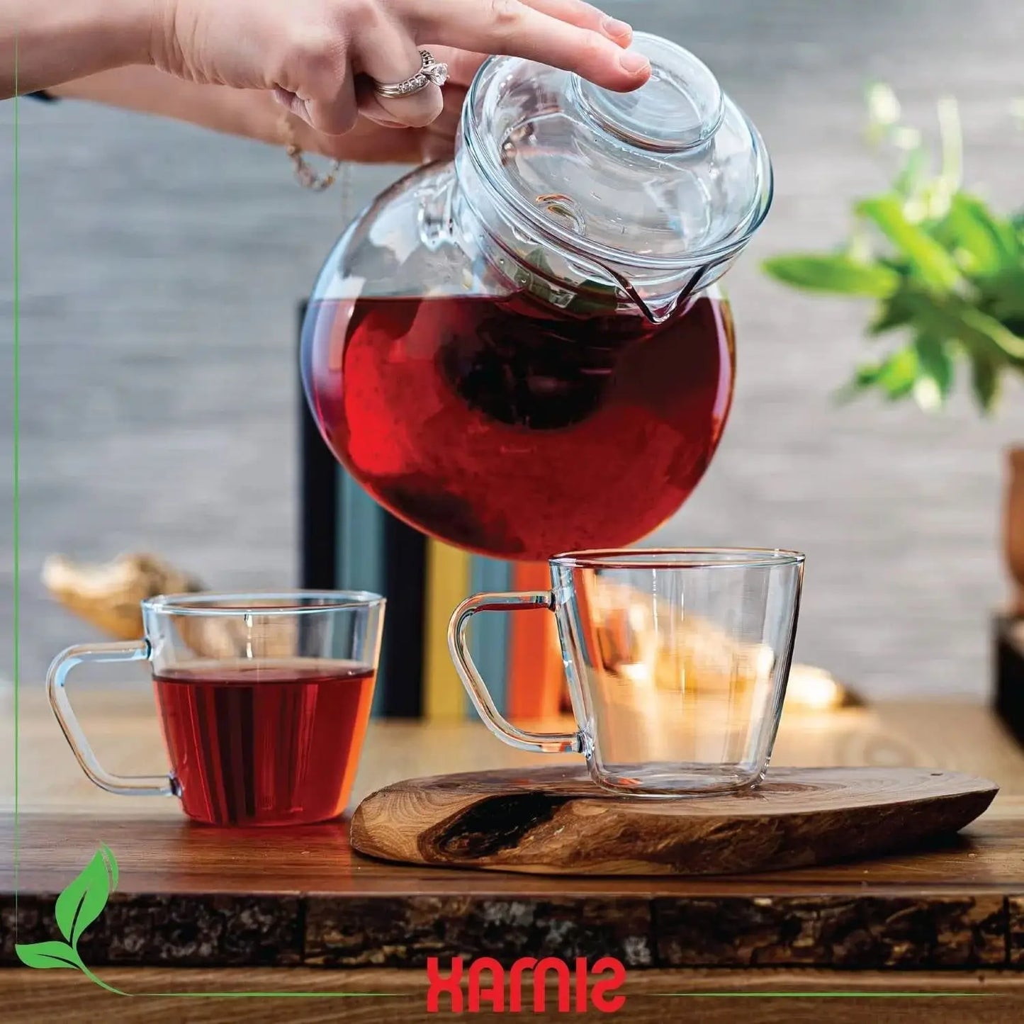 Clear glass teapot with double wall design on wooden tray by Hario, 1.5 quart glass teapot tea kettle