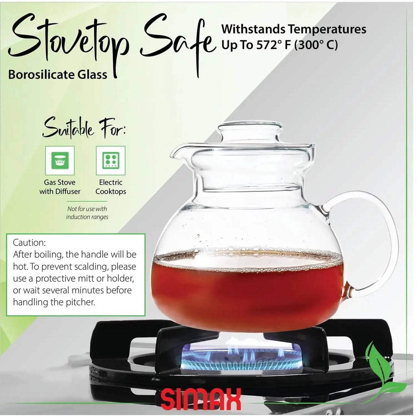 Borosilicate glass teapot with handle and infuser for stove top, 1.5 quart glass teapot tea