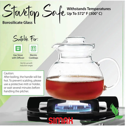 Borosilicate glass teapot with handle and infuser for stove top, 1.5 quart glass teapot tea