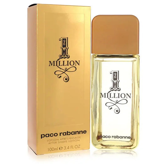 Gold Paco Rabanne 1 Million aftershave lotion bottle and box for men’s shave lotion