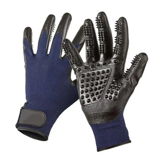 Black and blue pet grooming gloves with rubber nubs for effective pet grooming during business days