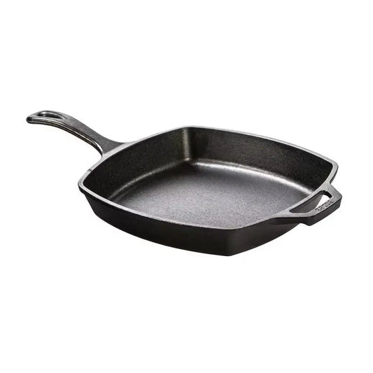 10.5-inch square cast iron skillet with black finish and single handle for Lodge cookware