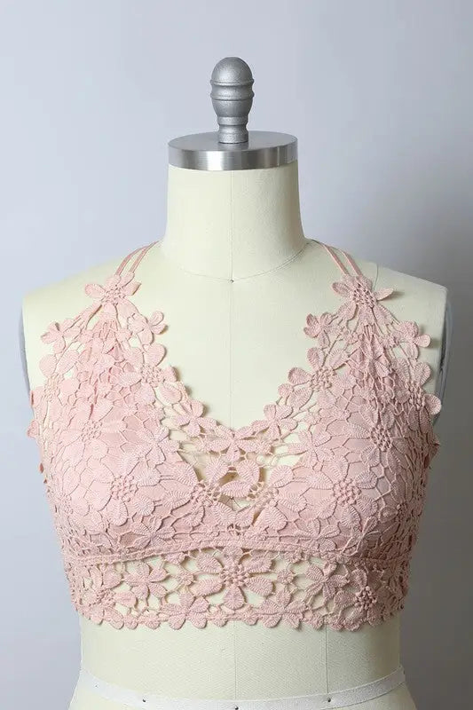 Pink floral lace bralette on mannequin showcasing 100% Cotton Crochet Daisy Longline Bralette