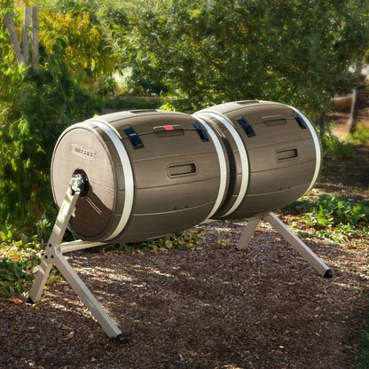 100-Gallon Compost Bin Tumbler with black and gray barrels, rotating composter with internal aeration