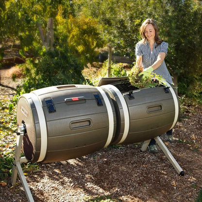 100-Gallon Compost Bin Tumbler with black and silver accents, durable high-density polyethylene construction, double rotating composter with internal aeration
