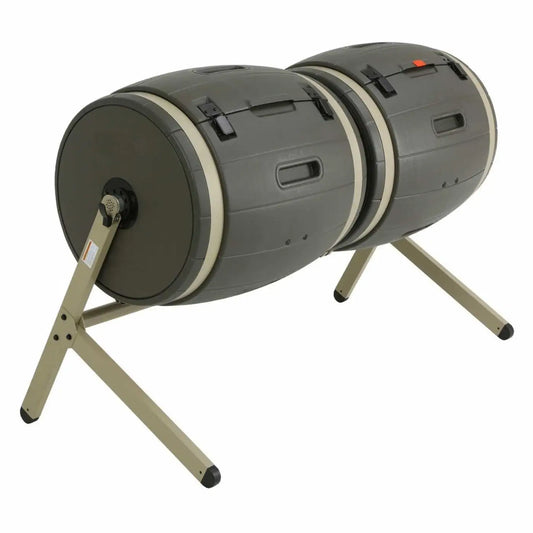 Gray cylindrical barbecue grill with black accents, ideal for rotating composter with internal aeration