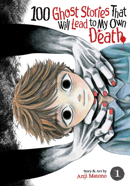 Horror manga scene with a pale wide-eyed person and ghostly hand from 100 Ghost Stories