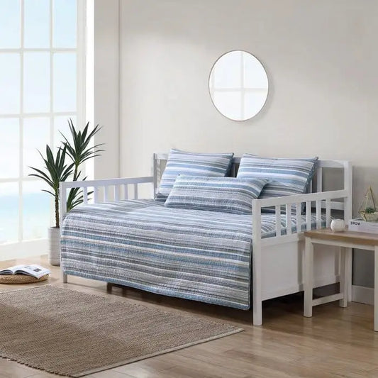 White wooden daybed with blue striped bedding from 100-Percent Cotton Nautical Stripes set
