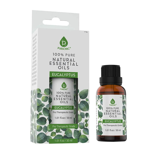 Pure natural eucalyptus essential oil bottle with black cap and green leaf packaging