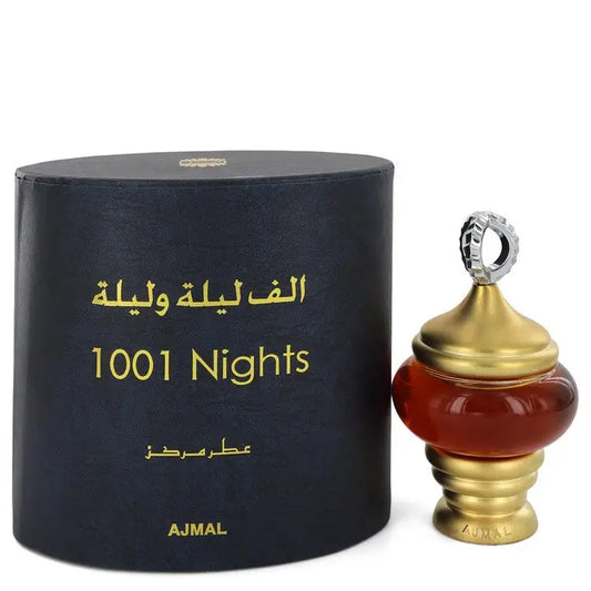 Black cylindrical perfume box with gold Arabic and English text beside gold amber perfume oil