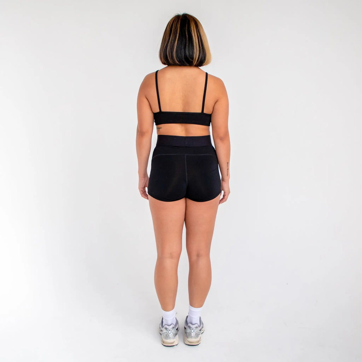Black athletic shorts with high waist and elastic band for women - info otlapparel