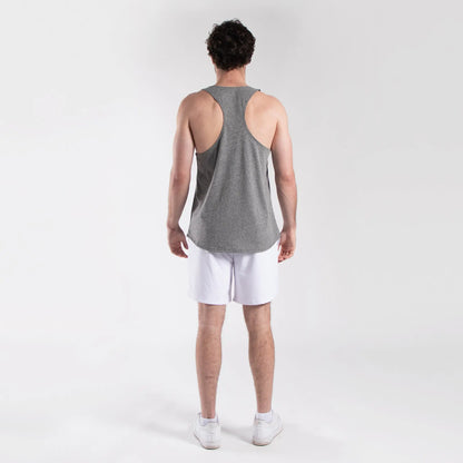 Gray heathered tank top with racerback design paired with Men’s Athletic Shorts