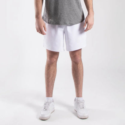 White men’s athletic shorts with drawstring and side pockets perfect for workouts
