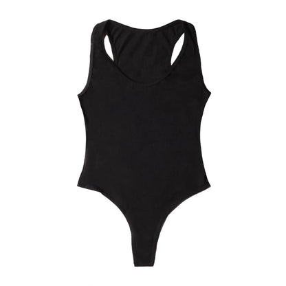 Black racerback bodysuit with open back design and thin straps, info otlapparel