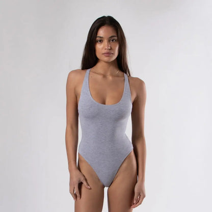 Grey sparkly one-piece swimsuit with thin straps and scoop neckline | info otlapparel