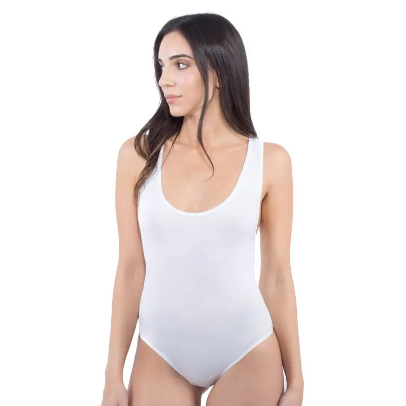 White women’s bodysuit with scoop neckline and thin straps, info otlapparel
