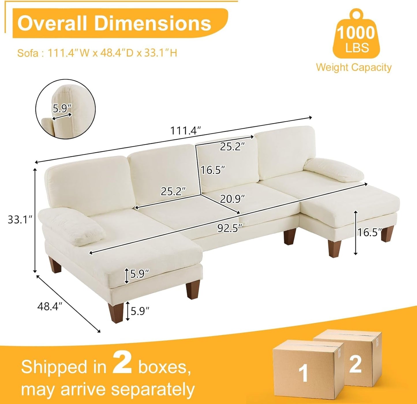 U-Shape Sectional Sofa Couch 111" Modern 4-Seat Sofa with Chaises Chenille Fabric Upholstered Covertible Couch with Wood Grain Legs for Living Room, Reception Room, Apartment, Beige-1