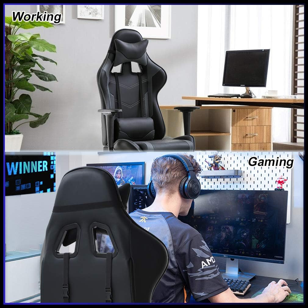 High-Back Office Chair Ergonomic PC Gaming Chair Cheap Desk Chair Executive PU Leather Rolling Swivel Computer Chair with Lumbar Support, Grey-3