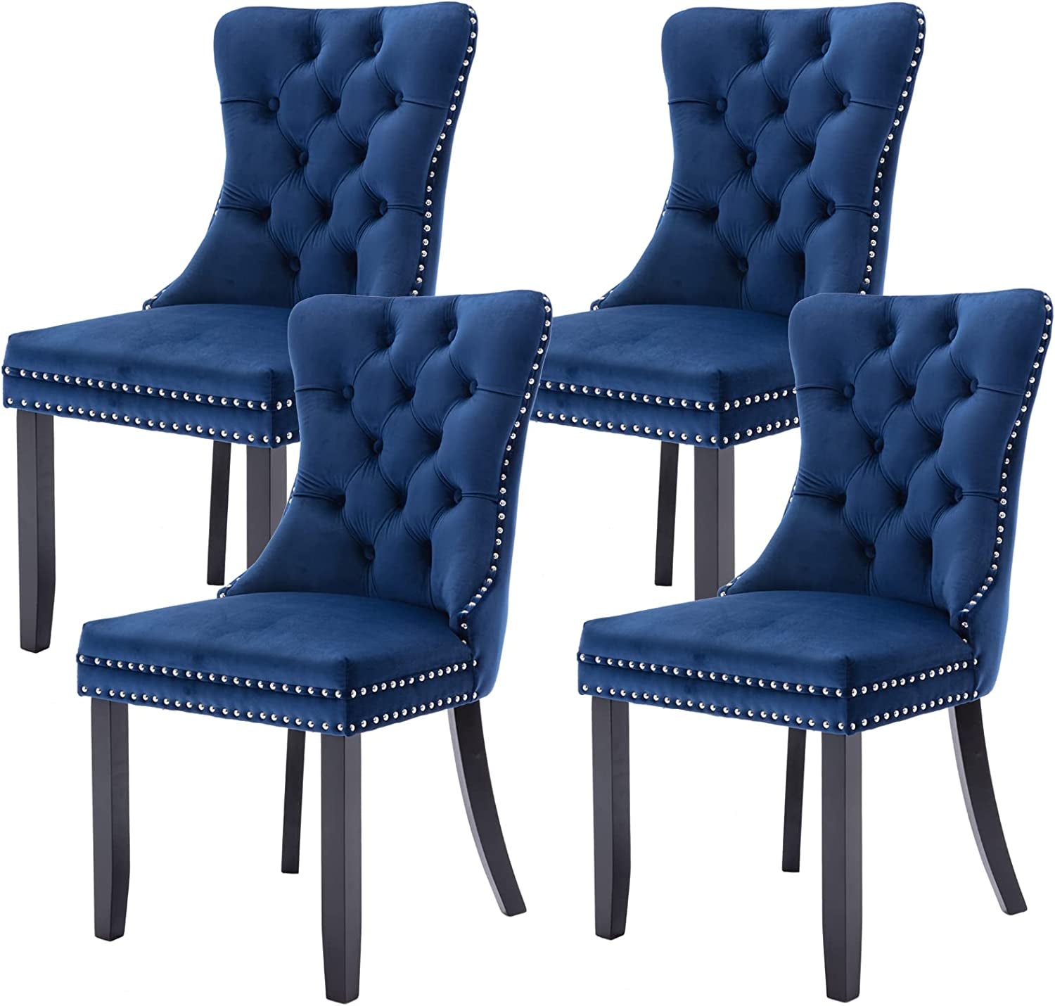 Tufted Dining Chairs Set of 4, Velvet Upholstered Dining Chairs with Nailhead Back and Ring Pull Trim, Solid Wood Dining Chairs for Kitchen/Bedroom/Dining Room (Blue)-0