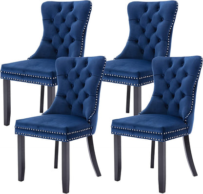Tufted Dining Chairs Set of 4, Velvet Upholstered Dining Chairs with Nailhead Back and Ring Pull Trim, Solid Wood Dining Chairs for Kitchen/Bedroom/Dining Room (Blue)-0