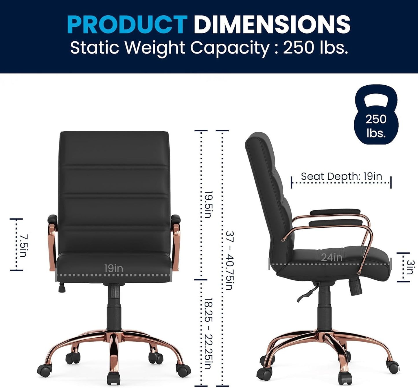 Whitney Mid-Back Swivel Leathersoft Desk Chair with Padded Seat and Armrests, Adjustable Height Padded Leathersoft Office Chair, Black/Rose Gold-2