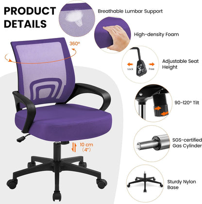 Office Chair Ergonomic Mesh Chair W/Lumbar Support Armrest Wheels Comfortable Racing Seat Adjustable Swivel Rolling Home Executive Mid Back Computer Chair for Adults, Purple-3